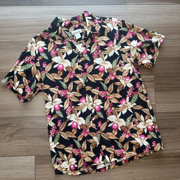 Vintage Tops - Vintage Black Pink Tan Hawaiian Short Sleeve Button Down Shirt